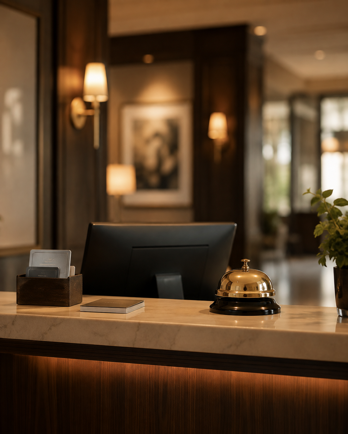 Professioneller Empfangstresen mit Rezeptionsglocke in einer Hotellobby.