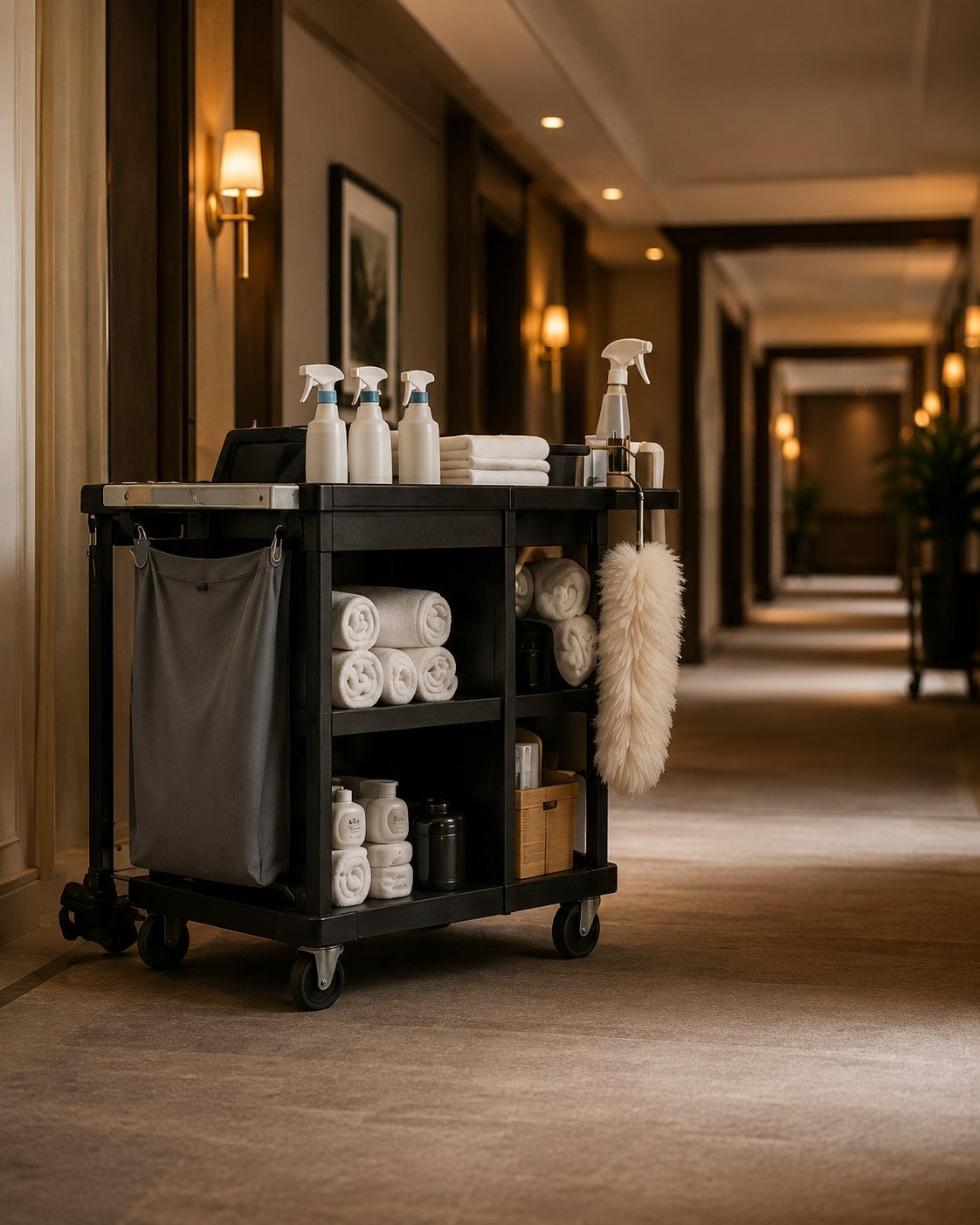 Professionell ausgestatteter Housekeeping-Wagen in einem Hotelflur.