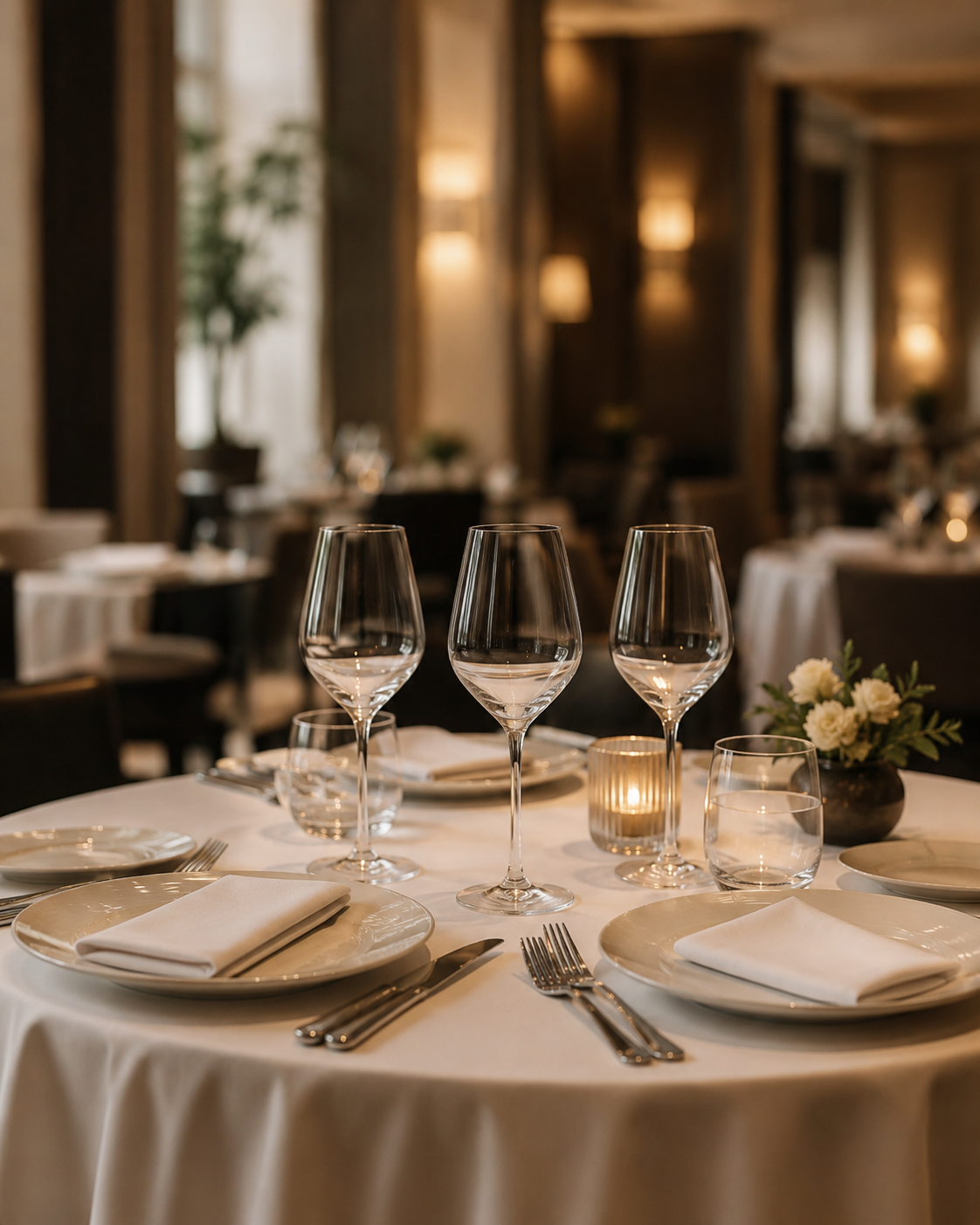 Hochwertig eingedeckter Tisch in einem Hotelrestaurant.