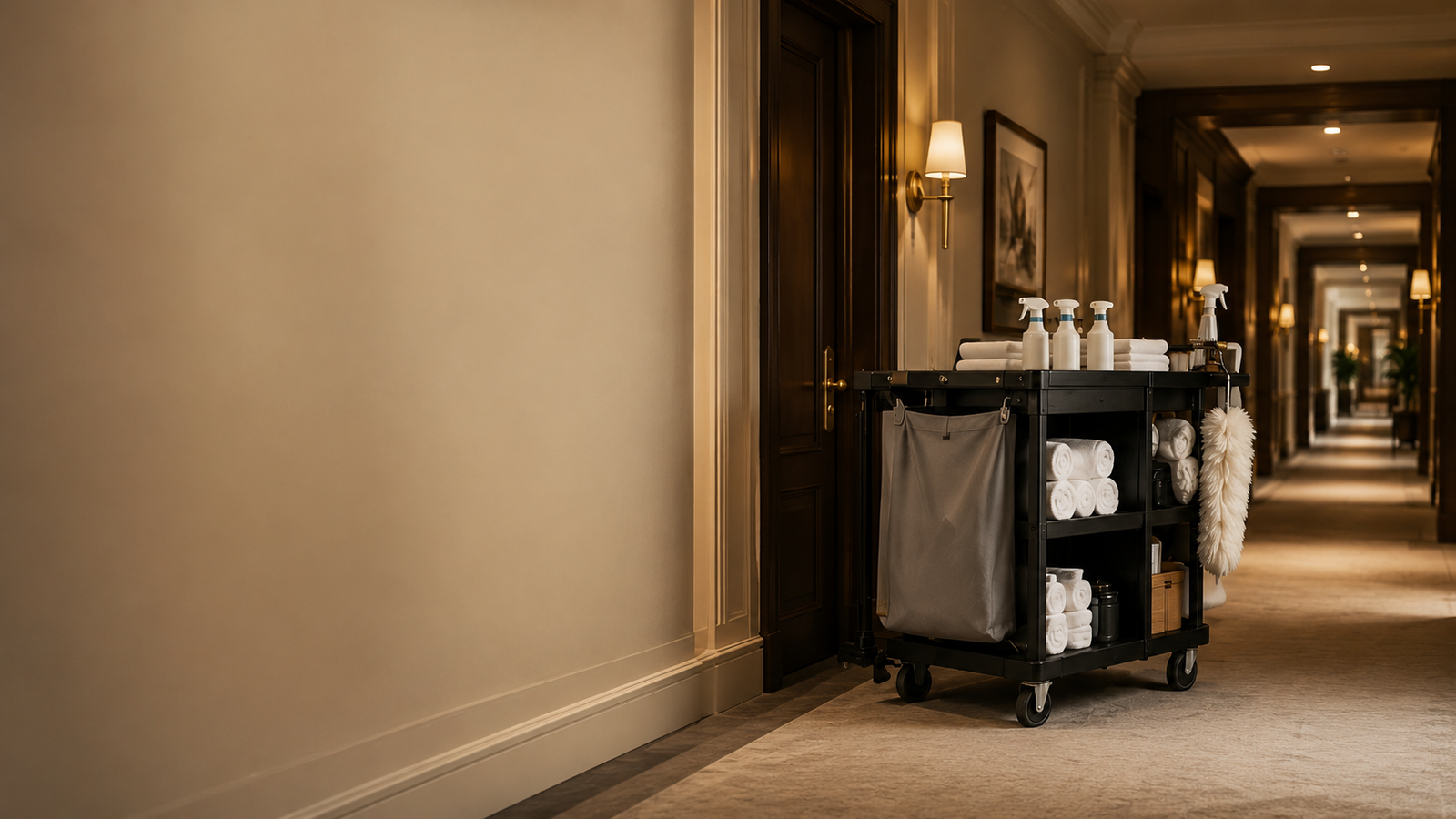 Vollständig ausgestatteter Housekeeping-Wagen in einem warm beleuchteten Hotelflur.