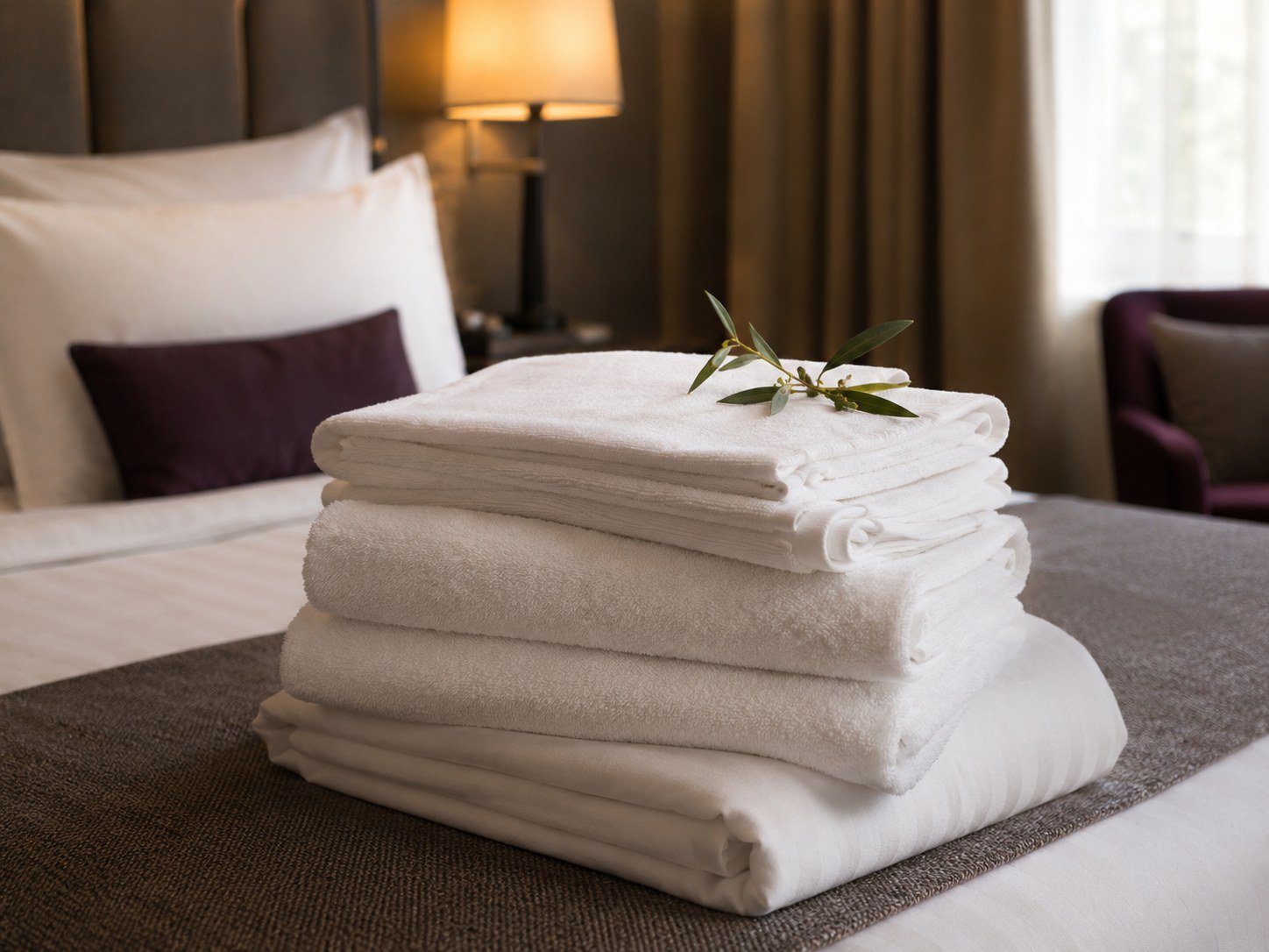 Sauber gefaltete weiße Hotelwäsche auf einem Hotelbett.