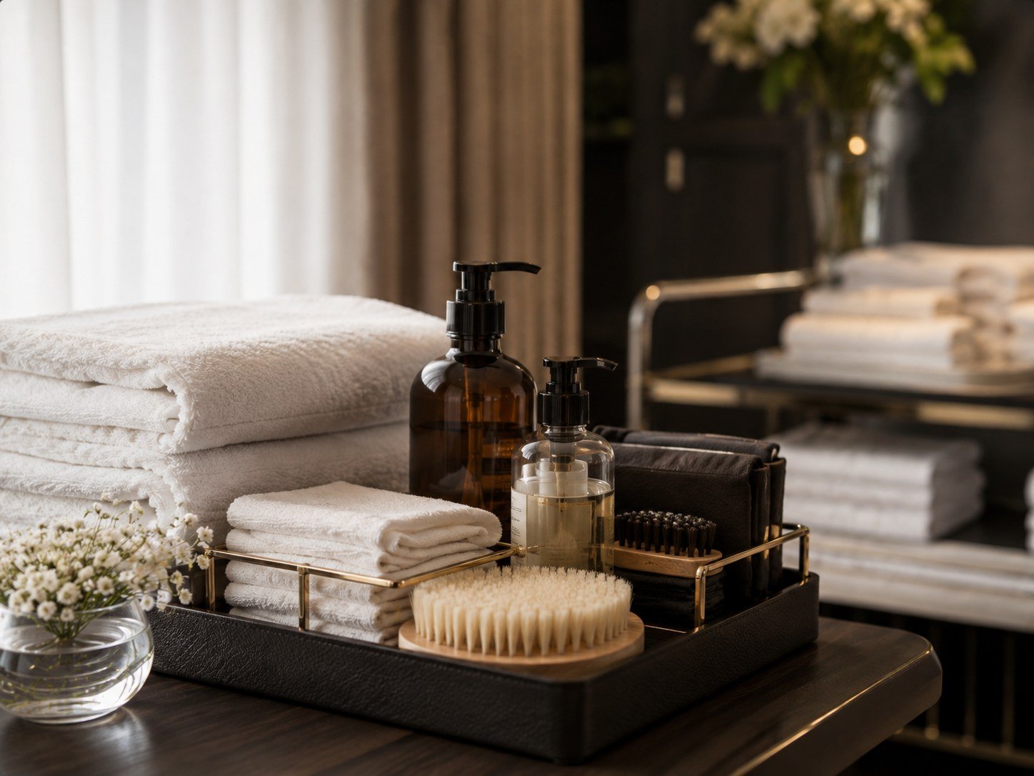 Handtücher, Pflegeprodukte und Bürsten für das Housekeeping.